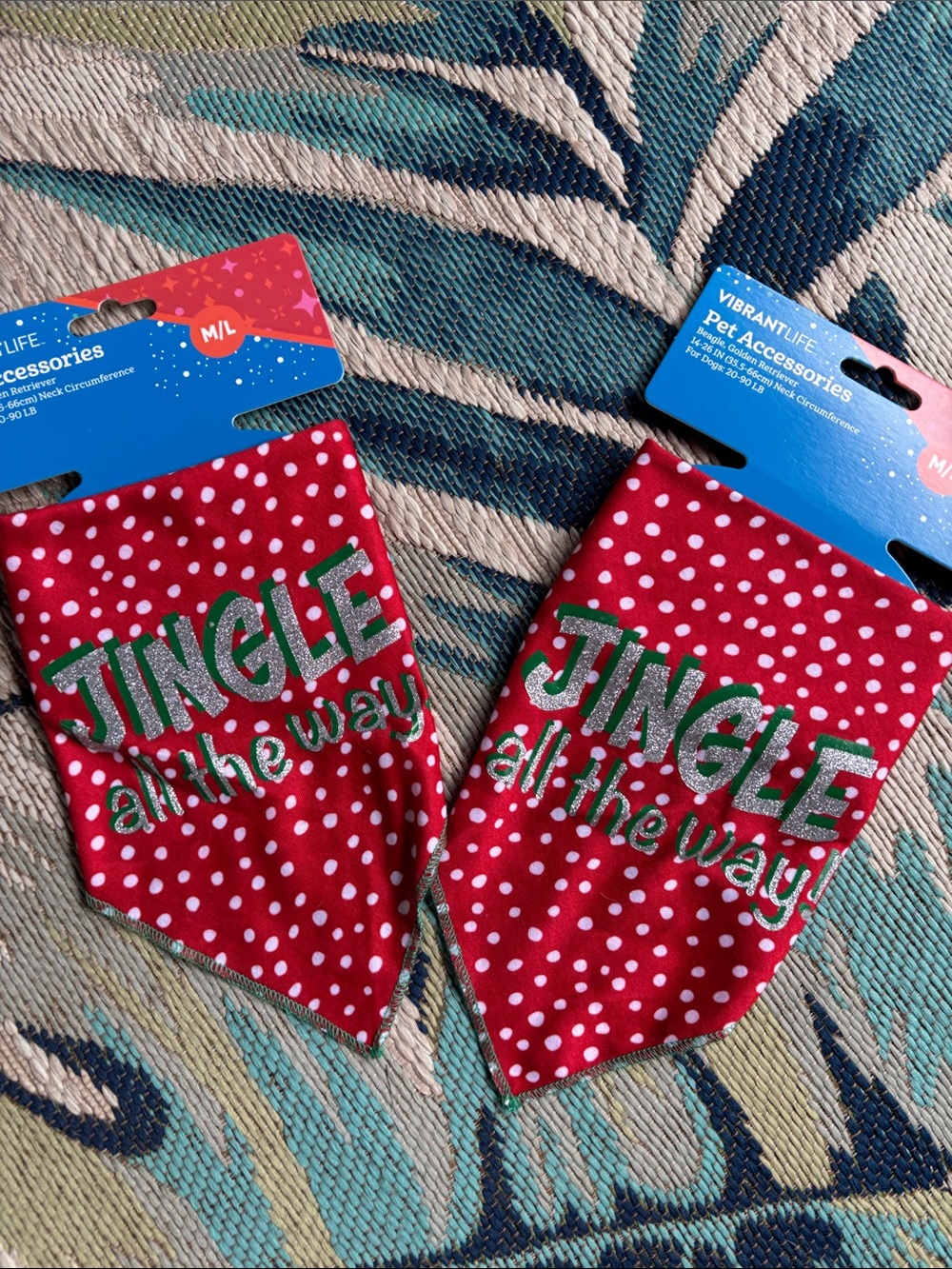 Vibrant Red and White Polka Dot Pet Bandana with Green Glitter Text